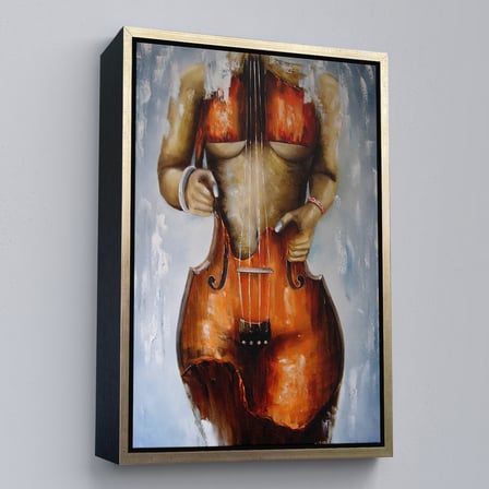 Altın Çerçeveli Violin Kadın Kanvas Duvar Tablosu, Kadın Keman Sanatı, Suluboya Tuval