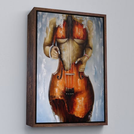 Altın Çerçeveli Violin Kadın Kanvas Duvar Tablosu, Kadın Keman Sanatı, Suluboya Tuval