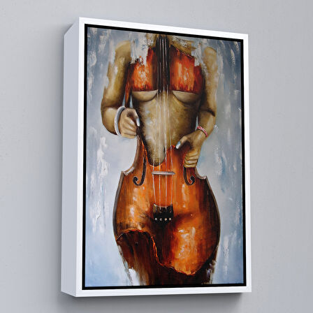 Beyaz Çerçeveli Violin Kadın Kanvas Duvar Tablosu, Kadın Keman Sanatı, Suluboya Tuval