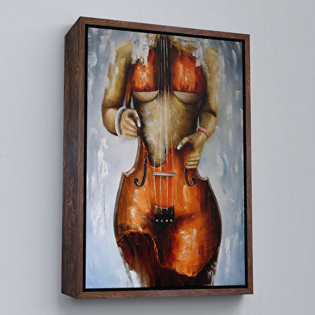 Beyaz Çerçeveli Violin Kadın Kanvas Duvar Tablosu, Kadın Keman Sanatı, Suluboya Tuval