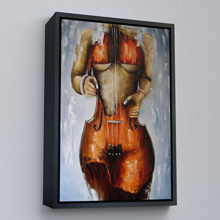 Beyaz Çerçeveli Violin Kadın Kanvas Duvar Tablosu, Kadın Keman Sanatı, Suluboya Tuval