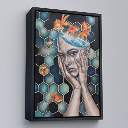 Siyah Çerçeveli Gerçeküstü Kadın ve Balık Kanvas Duvar Sanatı, Yeni Nesil Kanvas ablo