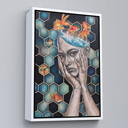 Siyah Çerçeveli Gerçeküstü Kadın ve Balık Kanvas Duvar Sanatı, Yeni Nesil Kanvas ablo