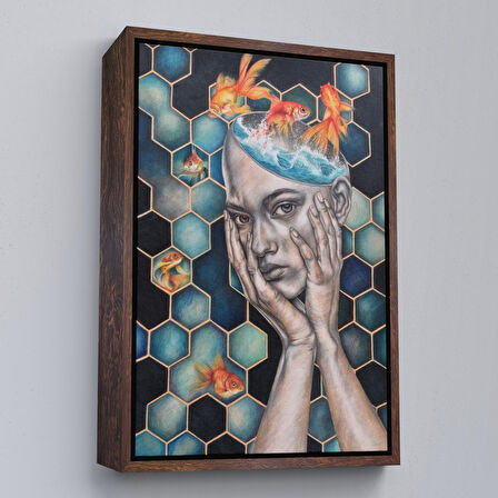 Siyah Çerçeveli Gerçeküstü Kadın ve Balık Kanvas Duvar Sanatı, Yeni Nesil Kanvas ablo