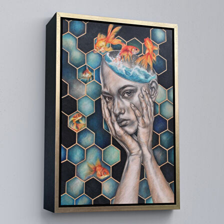 Siyah Çerçeveli Gerçeküstü Kadın ve Balık Kanvas Duvar Sanatı, Yeni Nesil Kanvas ablo