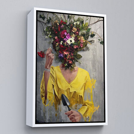 Altın Çerçeveli Çiçek Başlı Kadın Kanvas Tablo