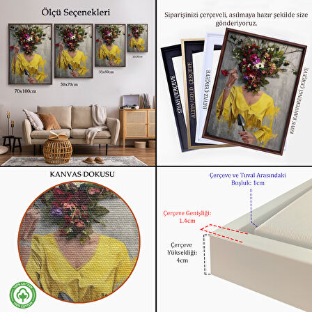 Kahverengi Çerçeveli Çiçek Başlı Kadın Kanvas Tablo