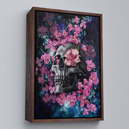 Kahverengi Çerçeveli İskelet Kafa ve Pembe Çiçekler Kanvas Tablo Duvar Sanatı