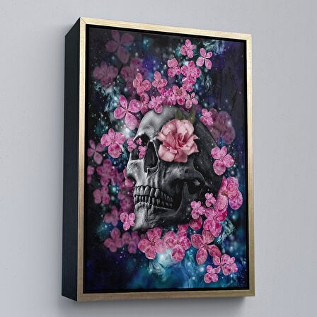 Kahverengi Çerçeveli İskelet Kafa ve Pembe Çiçekler Kanvas Tablo Duvar Sanatı