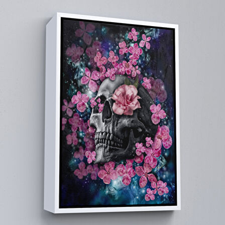 Kahverengi Çerçeveli İskelet Kafa ve Pembe Çiçekler Kanvas Tablo Duvar Sanatı