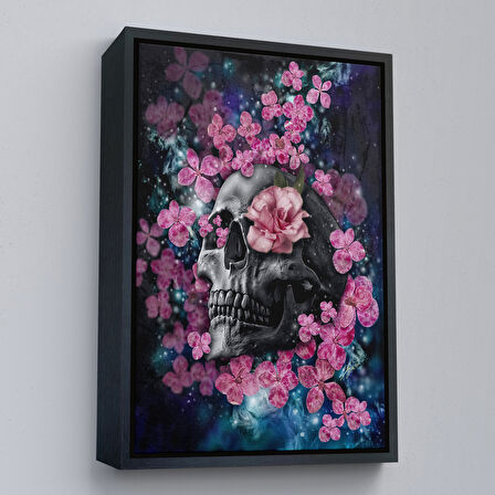 Siyah Çerçeveli İskelet Kafa ve Pembe Çiçekler Kanvas Tablo Duvar Sanatı