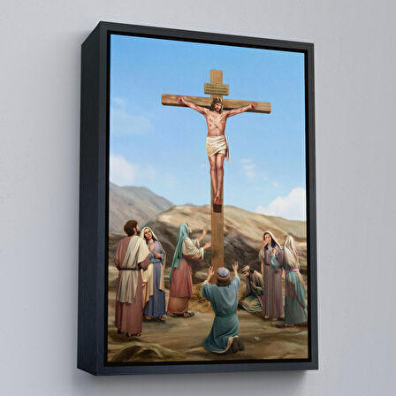 Altın Çerçeveli İsa'nın Çarmıha Gerilmesi Kanvas Tablo