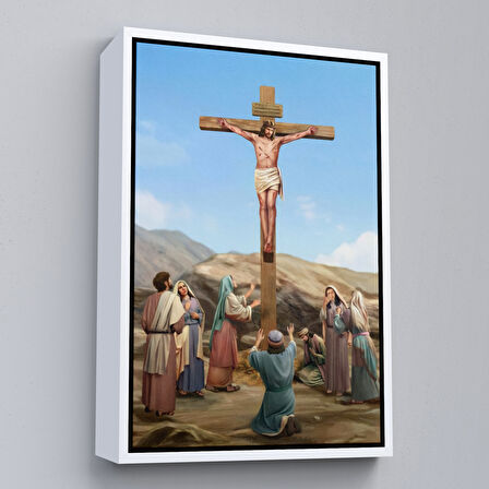 Altın Çerçeveli İsa'nın Çarmıha Gerilmesi Kanvas Tablo