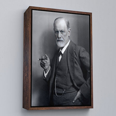 Beyaz Çerçeveli Sigmund Freud Elinde Puro ile Siyah Beyaz Fotoğrafı Kanvas Tablo