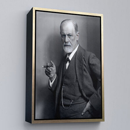 Beyaz Çerçeveli Sigmund Freud Elinde Puro ile Siyah Beyaz Fotoğrafı Kanvas Tablo