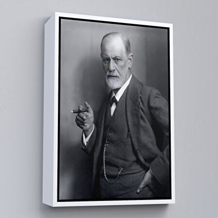 Kahverengi Çerçeveli Sigmund Freud Elinde Puro ile Siyah Beyaz Fotoğrafı Kanvas Tablo