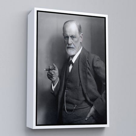 Beyaz Çerçeveli Sigmund Freud Elinde Puro ile Siyah Beyaz Fotoğrafı Kanvas Tablo