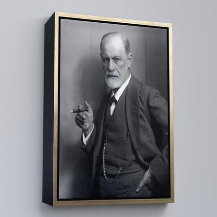 Beyaz Çerçeveli Sigmund Freud Elinde Puro ile Siyah Beyaz Fotoğrafı Kanvas Tablo
