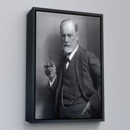 Beyaz Çerçeveli Sigmund Freud Elinde Puro ile Siyah Beyaz Fotoğrafı Kanvas Tablo