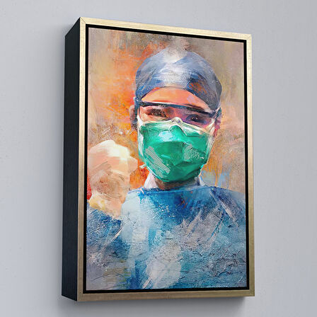 Altın Çerçeveli Covid 19 Dövüşen Soyut Hemşire Portresi, Tıbbi Soyut Kanvas Tablo