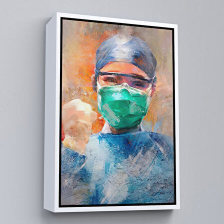 Altın Çerçeveli Covid 19 Dövüşen Soyut Hemşire Portresi, Tıbbi Soyut Kanvas Tablo