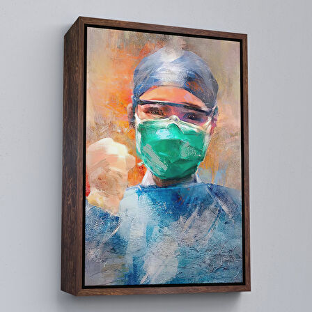 Kahverengi Çerçeveli Covid 19 Dövüşen Soyut Hemşire Portresi, Tıbbi Soyut Kanvas Tablo