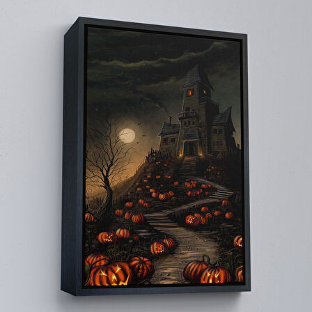 Beyaz Çerçeveli Korku Evi Cadılar Bayramı Dekoru, Cadılar Bayramı Partisi Kanvas Tablo