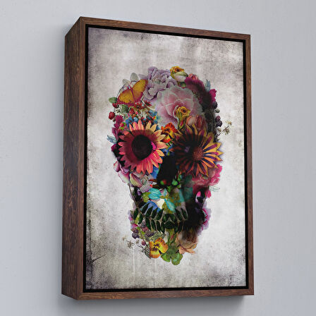Beyaz Çerçeveli Şeker Kafatası Rengarenk Çiçekli Kafatası Ölülerin Günü Kanvas Tablo