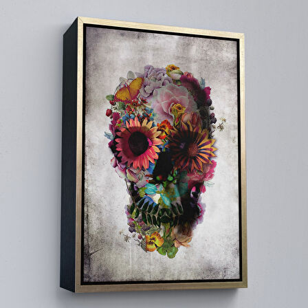 Beyaz Çerçeveli Şeker Kafatası Rengarenk Çiçekli Kafatası Ölülerin Günü Kanvas Tablo