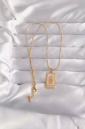316L Çelik Gold Renk Pembe Mineli El Figür Tarot Kolye 5886