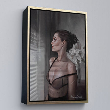 Kahverengi Çerçeveli Güzel Kadın Pencereden Dışarı Bakıyor Kanvas Tablosu