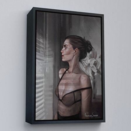 Kahverengi Çerçeveli Güzel Kadın Pencereden Dışarı Bakıyor Kanvas Tablosu