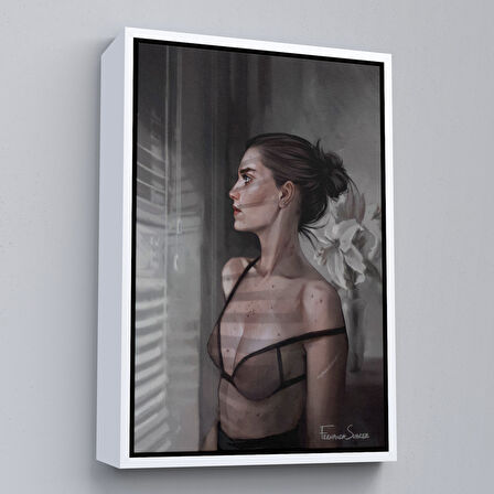 Kahverengi Çerçeveli Güzel Kadın Pencereden Dışarı Bakıyor Kanvas Tablosu