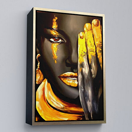Altın Çerçeveli Siyah Kadın Baskılı Afrikalı Kadın Kanvas Duvar Tablosu
