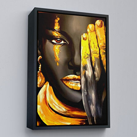 Altın Çerçeveli Siyah Kadın Baskılı Afrikalı Kadın Kanvas Duvar Tablosu