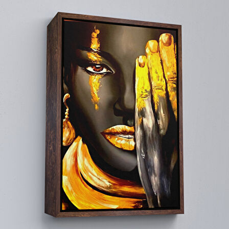 Altın Çerçeveli Siyah Kadın Baskılı Afrikalı Kadın Kanvas Duvar Tablosu