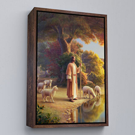 Kahverengi Çerçeveli Kuzularla Göl Kenarında Duran İsa Mesih, Hristiyan Kilise Hediyesi Kanvas Tablo