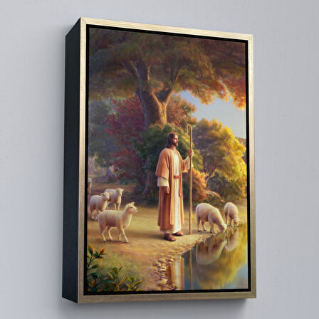 Kahverengi Çerçeveli Kuzularla Göl Kenarında Duran İsa Mesih, Hristiyan Kilise Hediyesi Kanvas Tablo