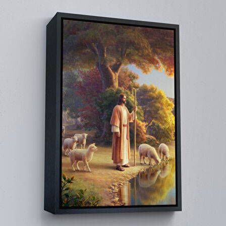 Kahverengi Çerçeveli Kuzularla Göl Kenarında Duran İsa Mesih, Hristiyan Kilise Hediyesi Kanvas Tablo