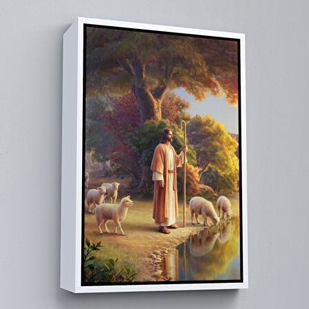 Kahverengi Çerçeveli Kuzularla Göl Kenarında Duran İsa Mesih, Hristiyan Kilise Hediyesi Kanvas Tablo