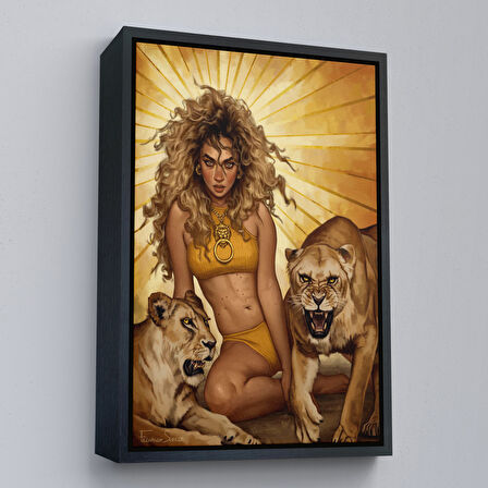 Altın Çerçeveli Aslanlarla Oturan Sarışın Vahşi Kadın Kanvas Tablo