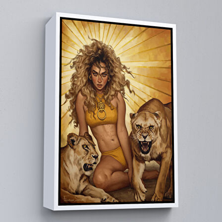 Altın Çerçeveli Aslanlarla Oturan Sarışın Vahşi Kadın Kanvas Tablo