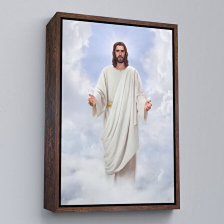 Kahverengi Çerçeveli Rab İsa Bulutlarda Göründü, Kilise Hediyesi Hristiyan Kanvas Tablo