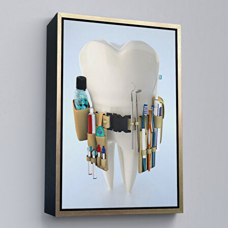 Altın Çerçeveli Diş Kliniği, Ağız Bakım Ofisi Dekorasyonu, Diş Hekimi Kanvas Tablo