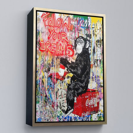Altın Çerçeveli Hayallerinin Peşinden Git,Maymun Graffiti Posteri, Banksy Graffiti Kanvas Tablo