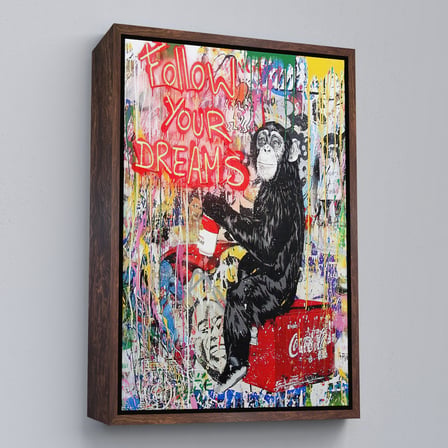 Kahverengi Çerçeveli Hayallerinin Peşinden Git,Maymun Graffiti Posteri, Banksy Graffiti Kanvas Tablo