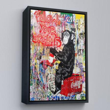 Kahverengi Çerçeveli Hayallerinin Peşinden Git,Maymun Graffiti Posteri, Banksy Graffiti Kanvas Tablo