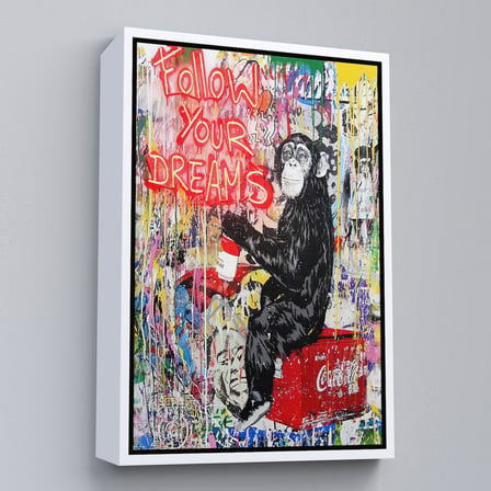 Kahverengi Çerçeveli Hayallerinin Peşinden Git,Maymun Graffiti Posteri, Banksy Graffiti Kanvas Tablo