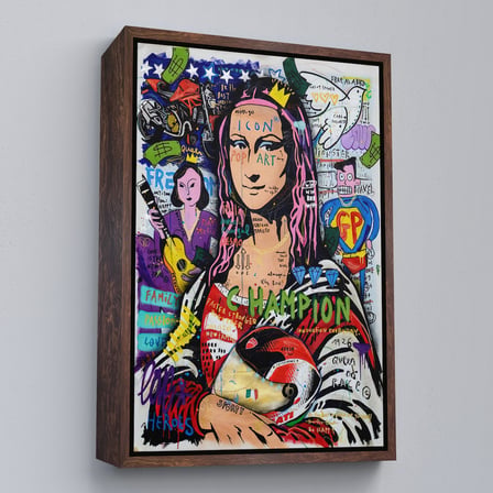 Kahverengi Çerçeveli Renkli Mona Lisa Banksy Kanvas Tablo, Sokak Sanatı, Pop Art