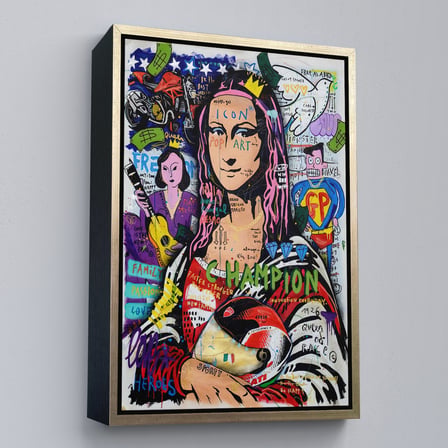 Kahverengi Çerçeveli Renkli Mona Lisa Banksy Kanvas Tablo, Sokak Sanatı, Pop Art